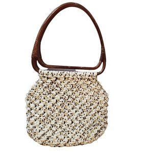 Vintage 70s Macrame Shoulder Bag Brown Lucite Handle Boho Neutral  10 X 11‎